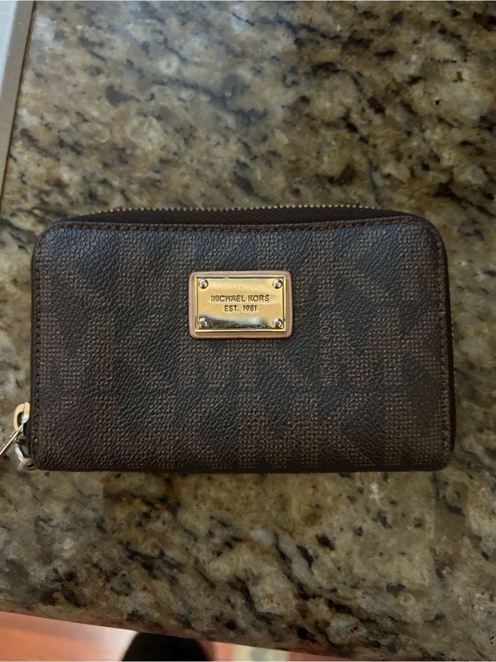 Michael Kors Dark Brown Signature Zip Card Holder with Gold Plaque